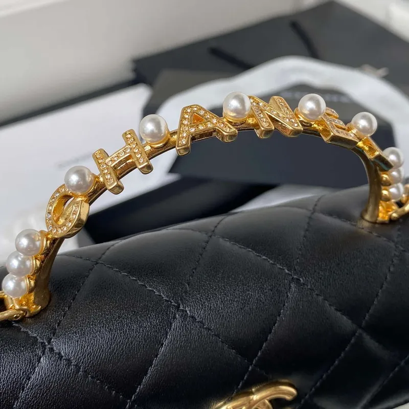 Chanel AP3512 Flap Phone Holder With Chain Lambskin Imitation Pearls Enamel & Gold Black