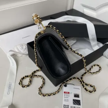 Chanel AP3512 Flap Phone Holder With Chain Lambskin Imitation Pearls Enamel & Gold Black