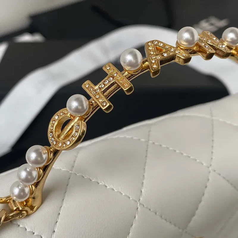 Chanel AP3512 Flap Phone Holder With Chain Lambskin Imitation Pearls Enamel & Gold White