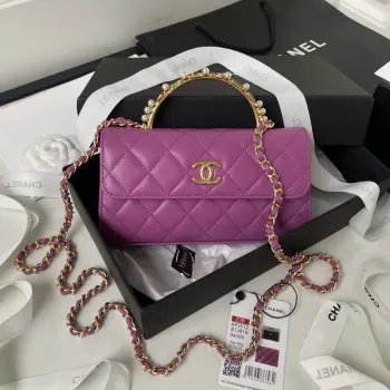 Chanel AP3512 Flap Phone Holder With Chain Lambskin Imitation Pearls Enamel & Gold Purple
