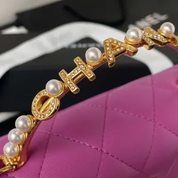 Chanel AP3512 Flap Phone Holder With Chain Lambskin Imitation Pearls Enamel & Gold Purple