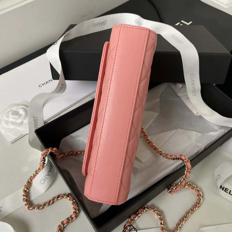 Chanel AP3512 Flap Phone Holder With Chain Lambskin Imitation Pearls Enamel & Gold Pink