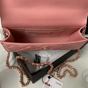 Chanel AP3512 Flap Phone Holder With Chain Lambskin Imitation Pearls Enamel & Gold Pink