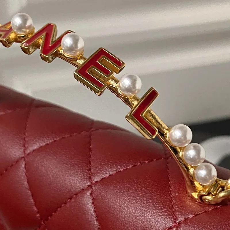 Chanel AP3512 Flap Phone Holder With Chain Lambskin Imitation Pearls Enamel & Gold Wine red