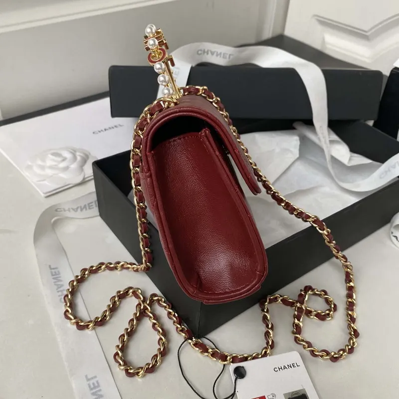Chanel AP3512 Flap Phone Holder With Chain Lambskin Imitation Pearls Enamel & Gold Wine red