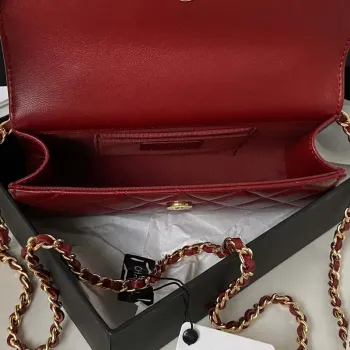 Chanel AP3512 Flap Phone Holder With Chain Lambskin Imitation Pearls Enamel & Gold Wine red