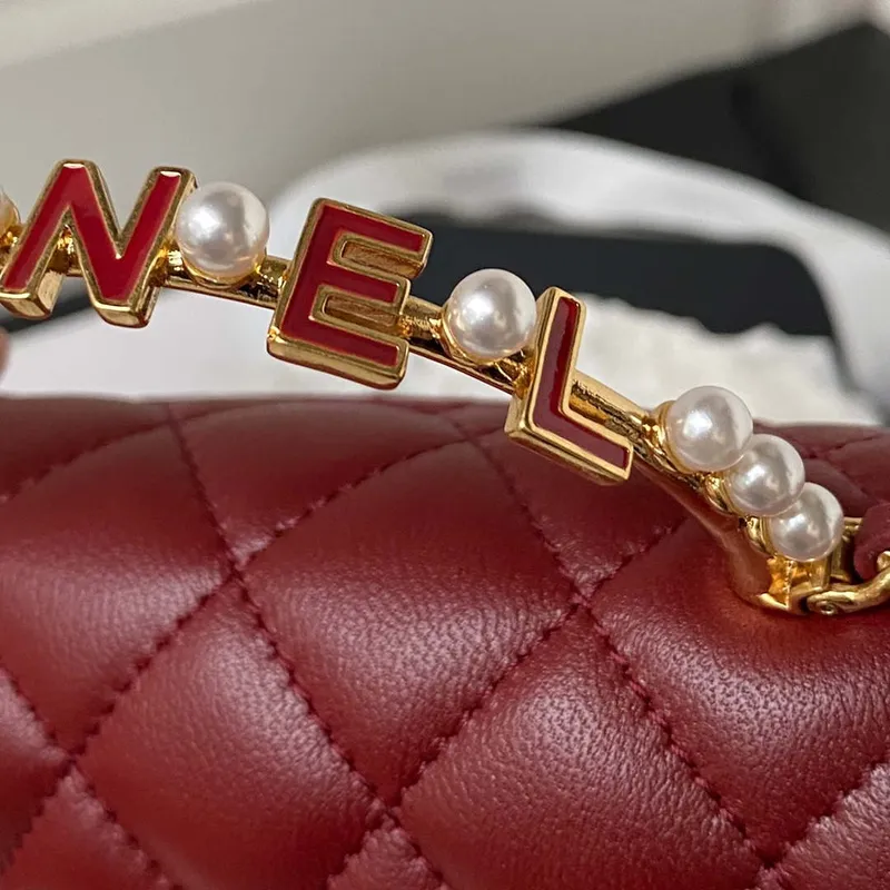 Chanel AP3513 Woc Clutch With Chain lambskin Imitation Pearls Enamel & Gold Wine Red