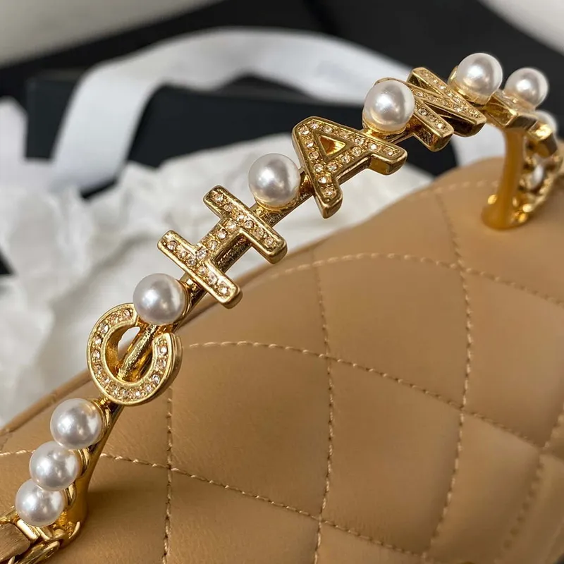 Chanel AP3513 Woc Clutch With Chain lambskin Imitation Pearls Enamel & Gold Apricot