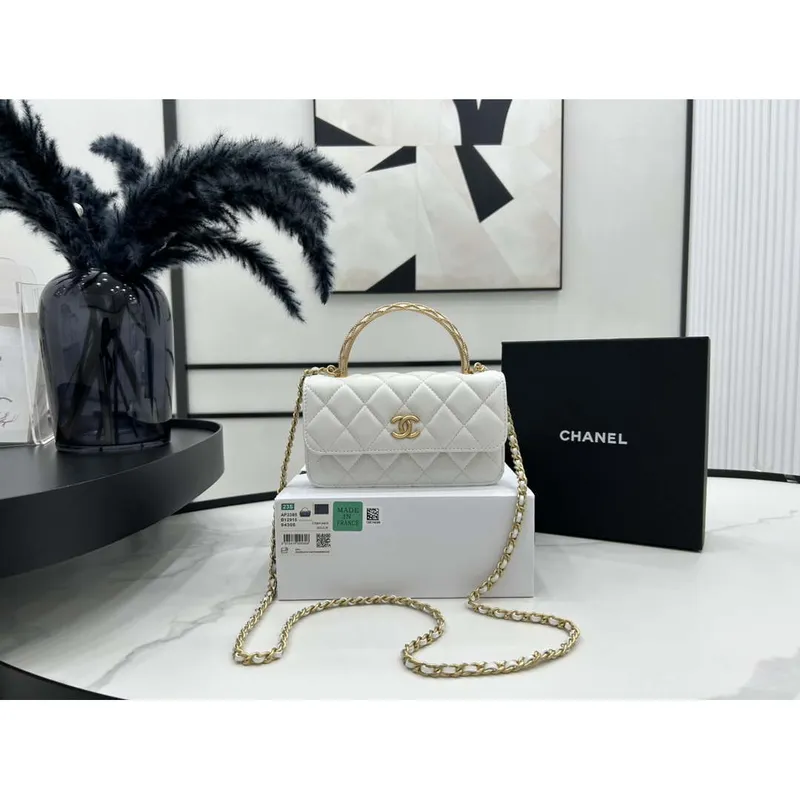 Chanel AP3385 Woc Flap Phone Holder With Chain Lambskin White Gold