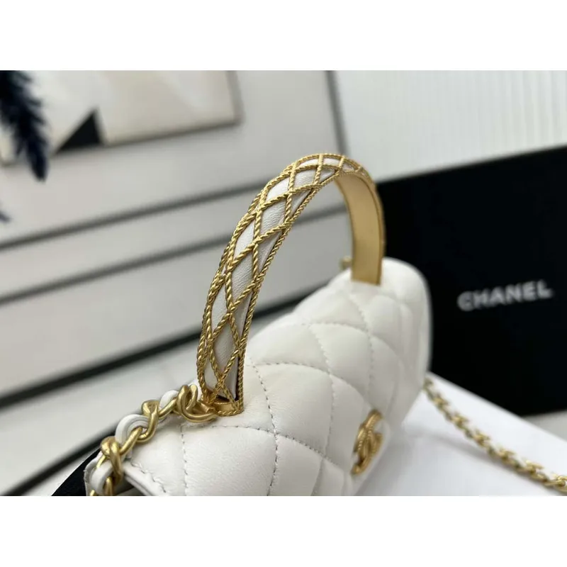 Chanel AP3385 Woc Flap Phone Holder With Chain Lambskin White Gold