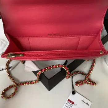 Chanel AP3385 Woc Flap Phone Holder With Chain Lambskin Red Gold