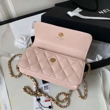 Chanel AP3385 Woc Flap Phone Holder With Chain Lambskin Pink Gold
