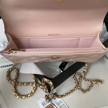 Chanel AP3385 Woc Flap Phone Holder With Chain Lambskin Pink Gold