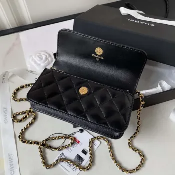 Chanel AP3385 Woc Flap Phone Holder With Chain Lambskin Black Gold