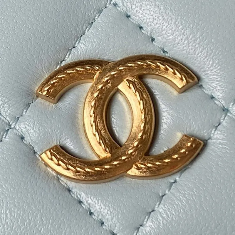 Chanel AP3385 Woc Flap Phone Holder With Chain Lambskin Blue Gold