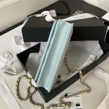 Chanel AP3385 Woc Flap Phone Holder With Chain Lambskin Blue Gold