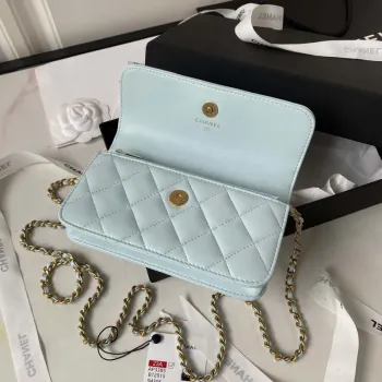 Chanel AP3385 Woc Flap Phone Holder With Chain Lambskin Blue Gold