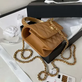 Chanel AP3385 Woc Flap Phone Holder With Chain Lambskin Caramel Gold