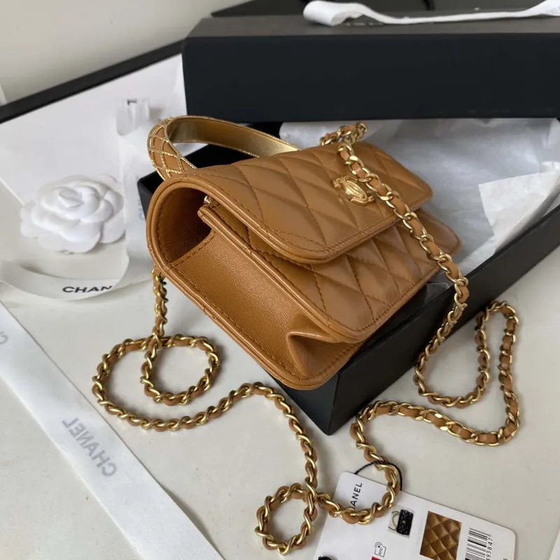 Chanel AP3385 Woc Flap Phone Holder With Chain Lambskin Caramel Gold