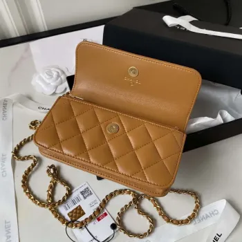 Chanel AP3385 Woc Flap Phone Holder With Chain Lambskin Caramel Gold