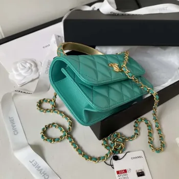 Chanel AP3385 Woc Flap Phone Holder With Chain Lambskin Green Gold