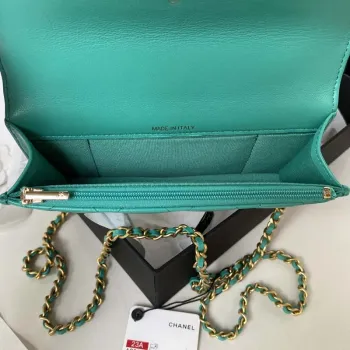 Chanel AP3385 Woc Flap Phone Holder With Chain Lambskin Green Gold