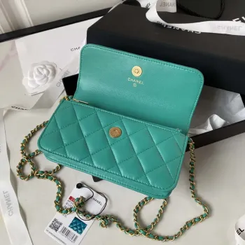 Chanel AP3385 Woc Flap Phone Holder With Chain Lambskin Green Gold
