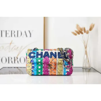 Chanel Flap Bag Printed Fabric Gold Tone Metal AS2897 Multicolor