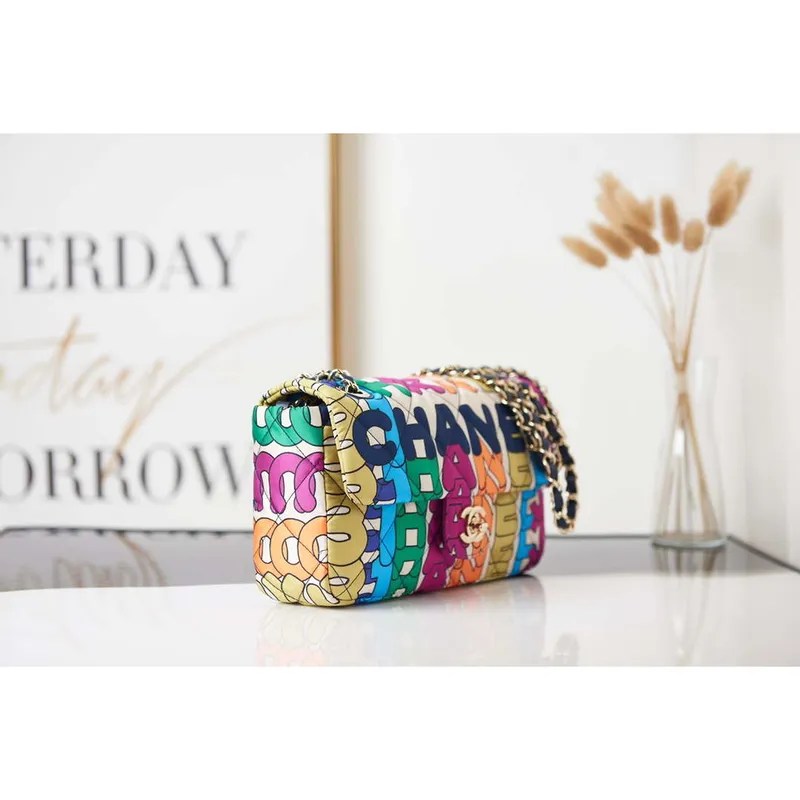 Chanel Flap Bag Printed Fabric Gold Tone Metal AS2897 Multicolor