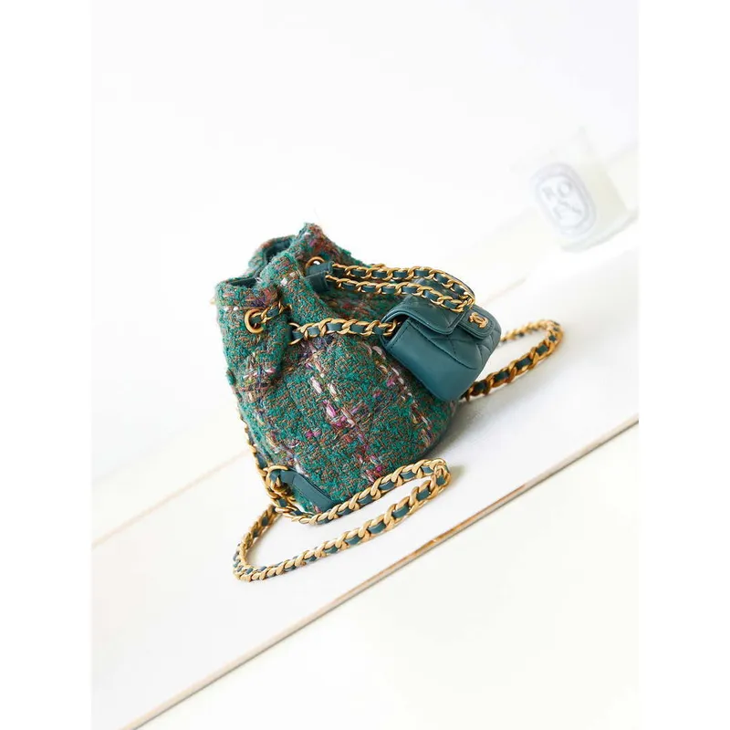 Chanel AS3947 Small Backpack Wool Tweed, Lambski & Gold Tone Metal Green