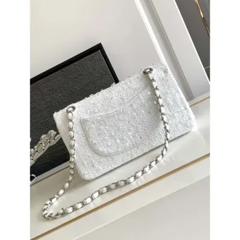Chanel A01112 Flap Classic Handbag Tweed beads& Silver Tone Metal White