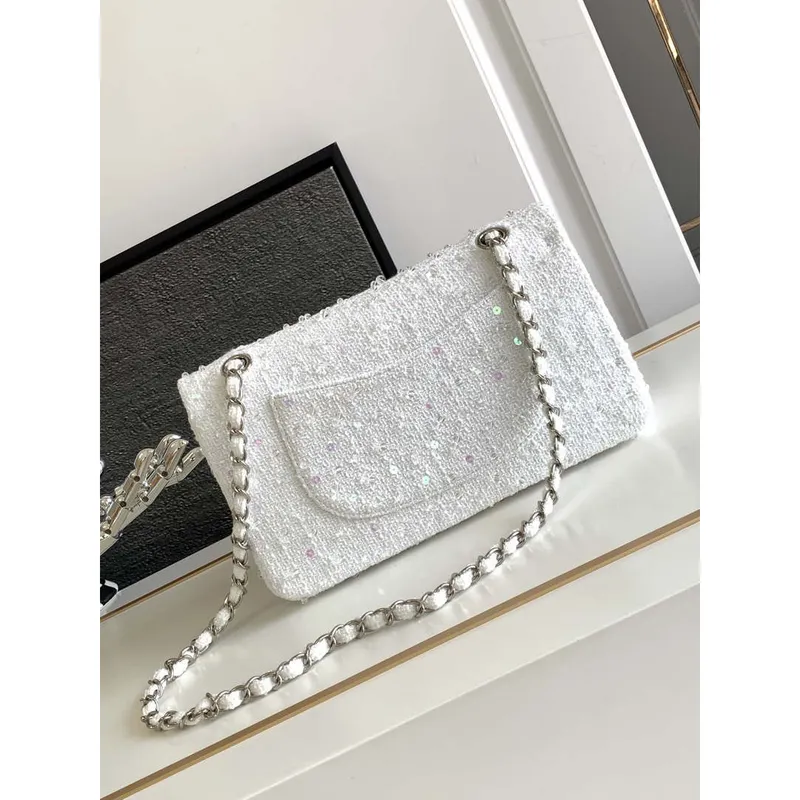 Chanel A01112 Flap Classic Handbag Tweed beads& Silver Tone Metal White
