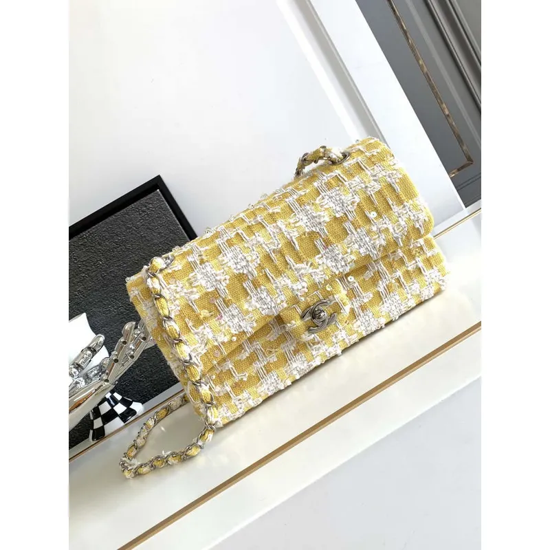 Chanel A01112 Flap Classic Handbag Tweed beads& Silver Tone Metal Yellow