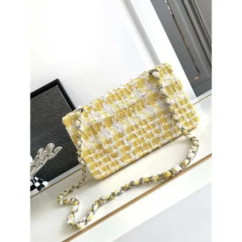 Chanel A01112 Flap Classic Handbag Tweed beads& Silver Tone Metal Yellow