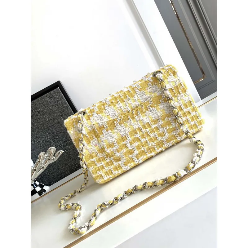 Chanel A01112 Flap Classic Handbag Tweed beads& Silver Tone Metal Yellow