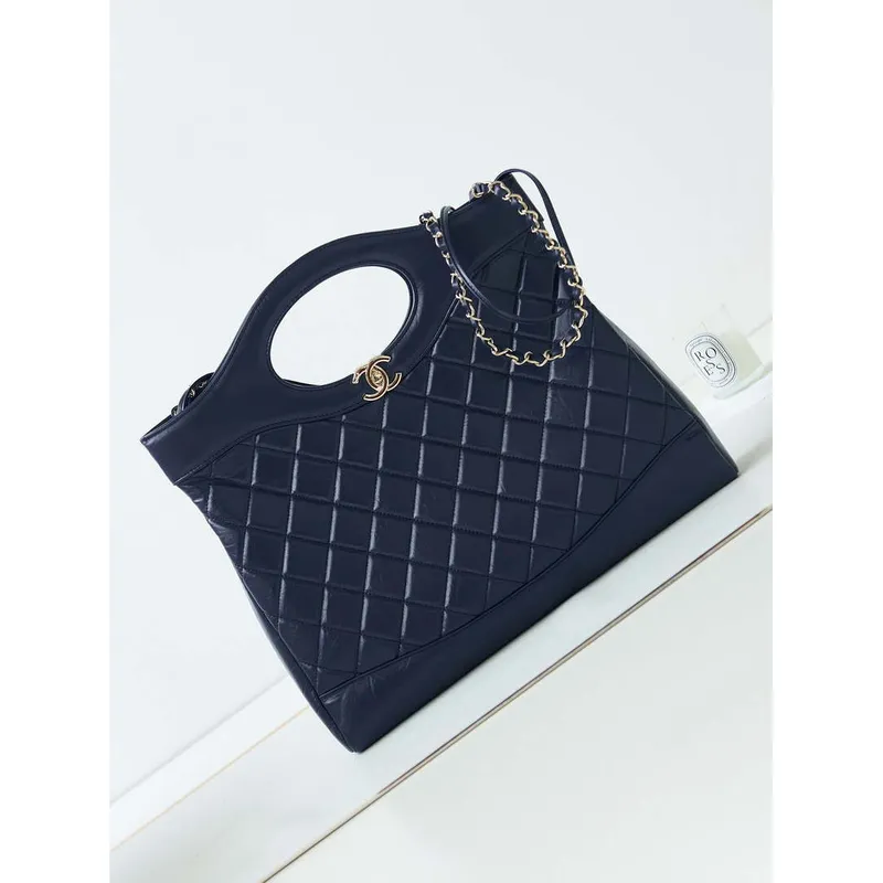 Chanel AS1010 31 Larage Shopping Bag Shiny Lambskin Navy Blue
