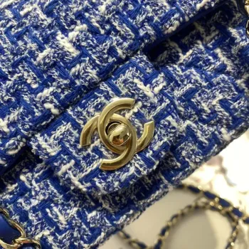 Chanel A1116 Mini Flap Classic Handbag Tweed & Gold Tone Metal Blue