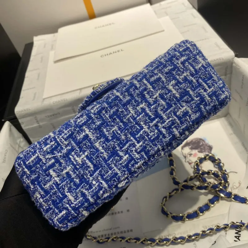 Chanel A1116 Mini Flap Classic Handbag Tweed & Gold Tone Metal Blue