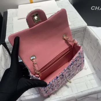 Chanel A1116 Mini Flap Classic Handbag Tweed & Gold Tone Metal Pink