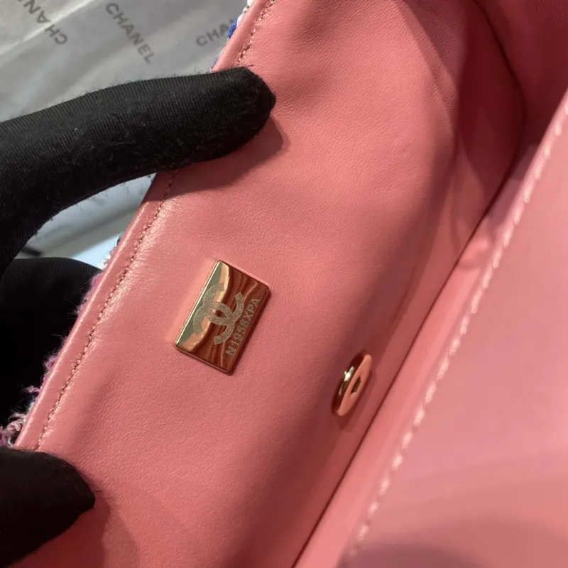 Chanel A1116 Mini Flap Classic Handbag Tweed & Gold Tone Metal Pink