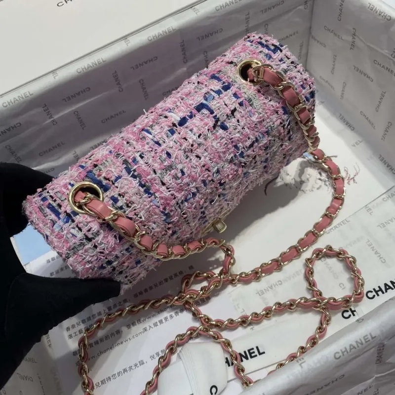 Chanel A1116 Mini Flap Classic Handbag Tweed & Gold Tone Metal Pink