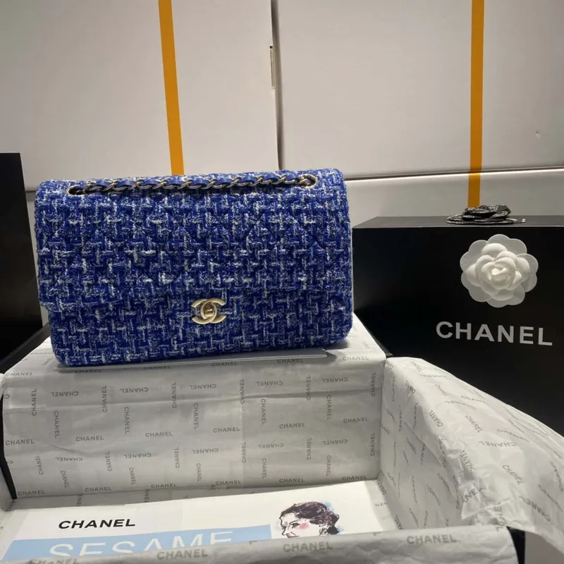 Chanel A01112 Flap Classic Handbag Tweed & Gold Tone Metal Blue