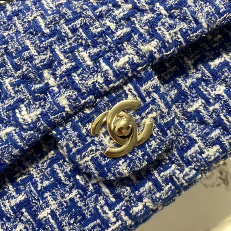 Chanel A01112 Flap Classic Handbag Tweed & Gold Tone Metal Blue