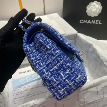 Chanel A01112 Flap Classic Handbag Tweed & Gold Tone Metal Blue