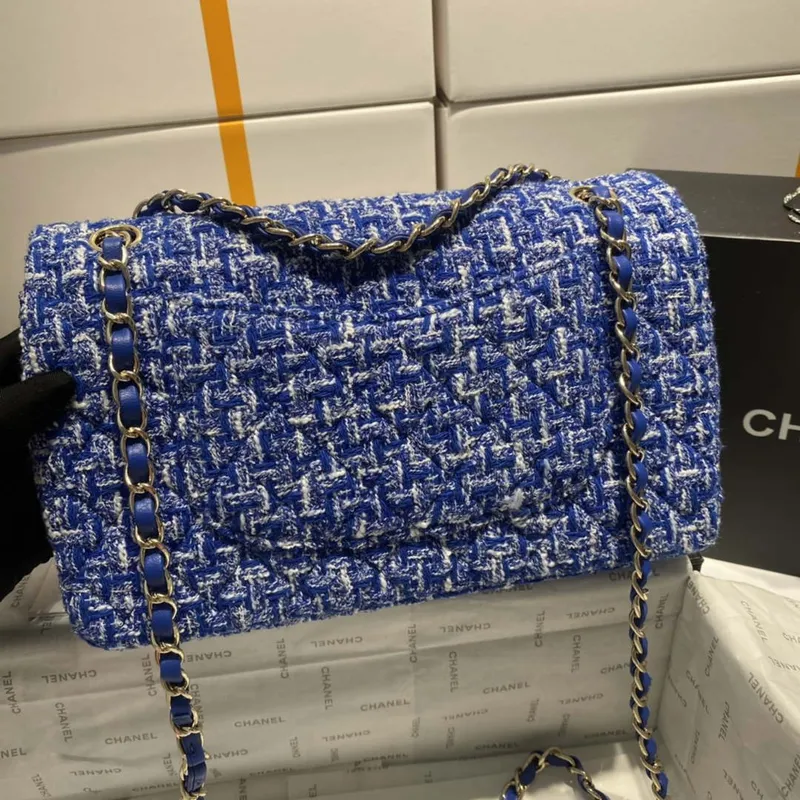 Chanel A01112 Flap Classic Handbag Tweed & Gold Tone Metal Blue