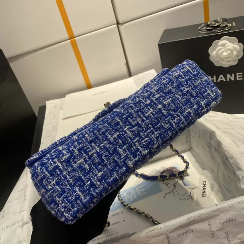 Chanel A01112 Flap Classic Handbag Tweed & Gold Tone Metal Blue