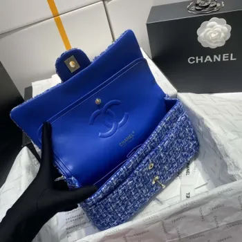 Chanel A01112 Flap Classic Handbag Tweed & Gold Tone Metal Blue