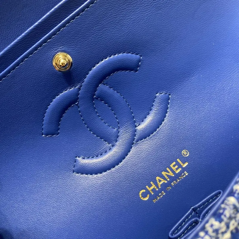 Chanel A01112 Flap Classic Handbag Tweed & Gold Tone Metal Blue