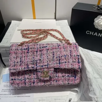 Chanel A01112 Flap Classic Handbag Tweed & Gold Tone Metal Pink