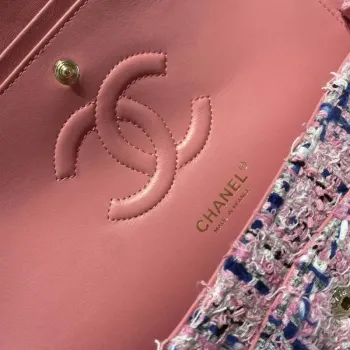 Chanel A01112 Flap Classic Handbag Tweed & Gold Tone Metal Pink